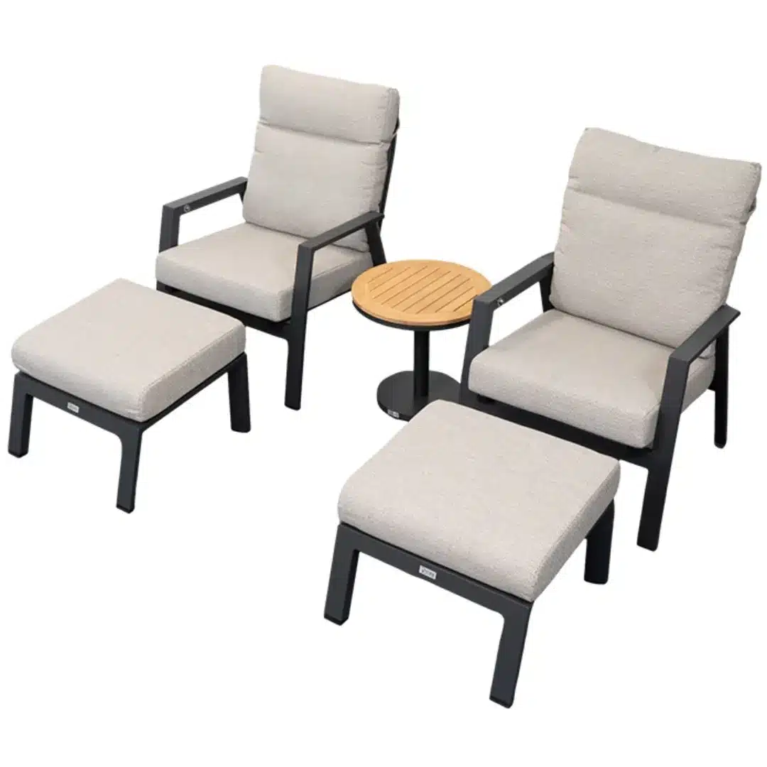 Relax Loungestoelen Aruba Incl. Voetenbanken & Bijzettafel Bonaire Teak Matt Royal Grey Januari 2027
