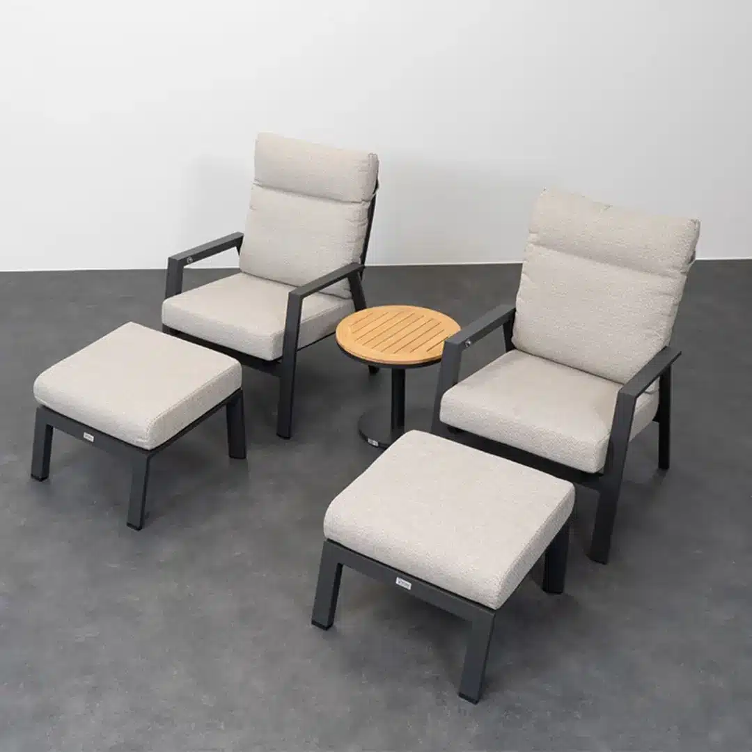 Relax Loungestoelen Aruba Incl. Voetenbanken & Bijzettafel Bonaire Teak Matt Royal Grey Januari 2027 - Afbeelding 3