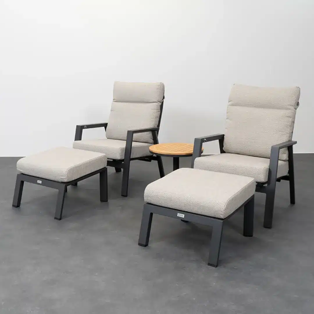 Relax Loungestoelen Aruba Incl. Voetenbanken & Bijzettafel Bonaire Teak Matt Royal Grey Januari 2027 - Afbeelding 2
